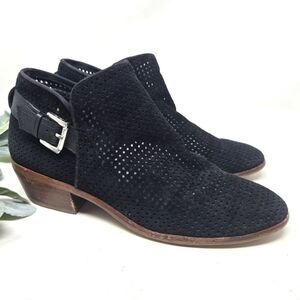 SAM EDELMAN Perforated Low Heel Black Suede Booties 7.5